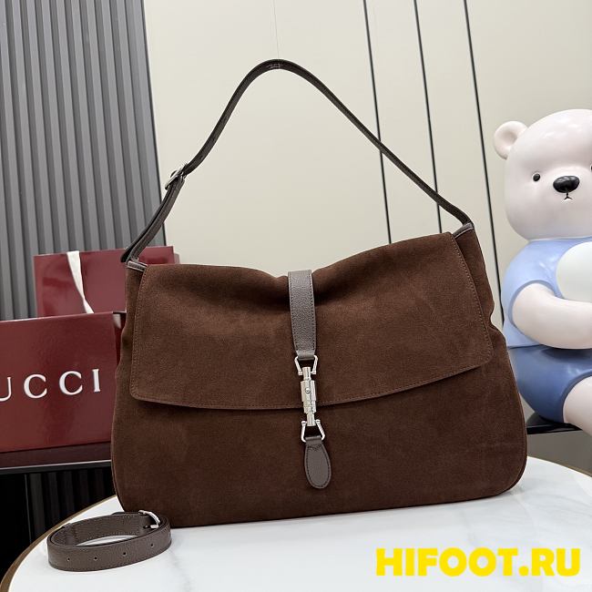 Gucci Jackie Flap large crossbody bag in dark brown soft suede 43CM  - 1